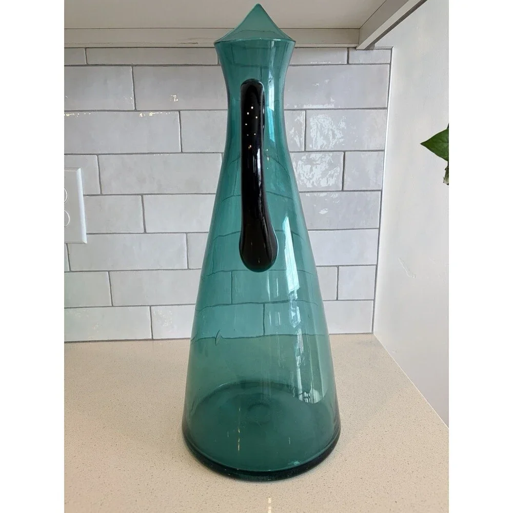 Mid Century Modern Blenko W. Anderson Sea Green Pitcher W/ Black Handle